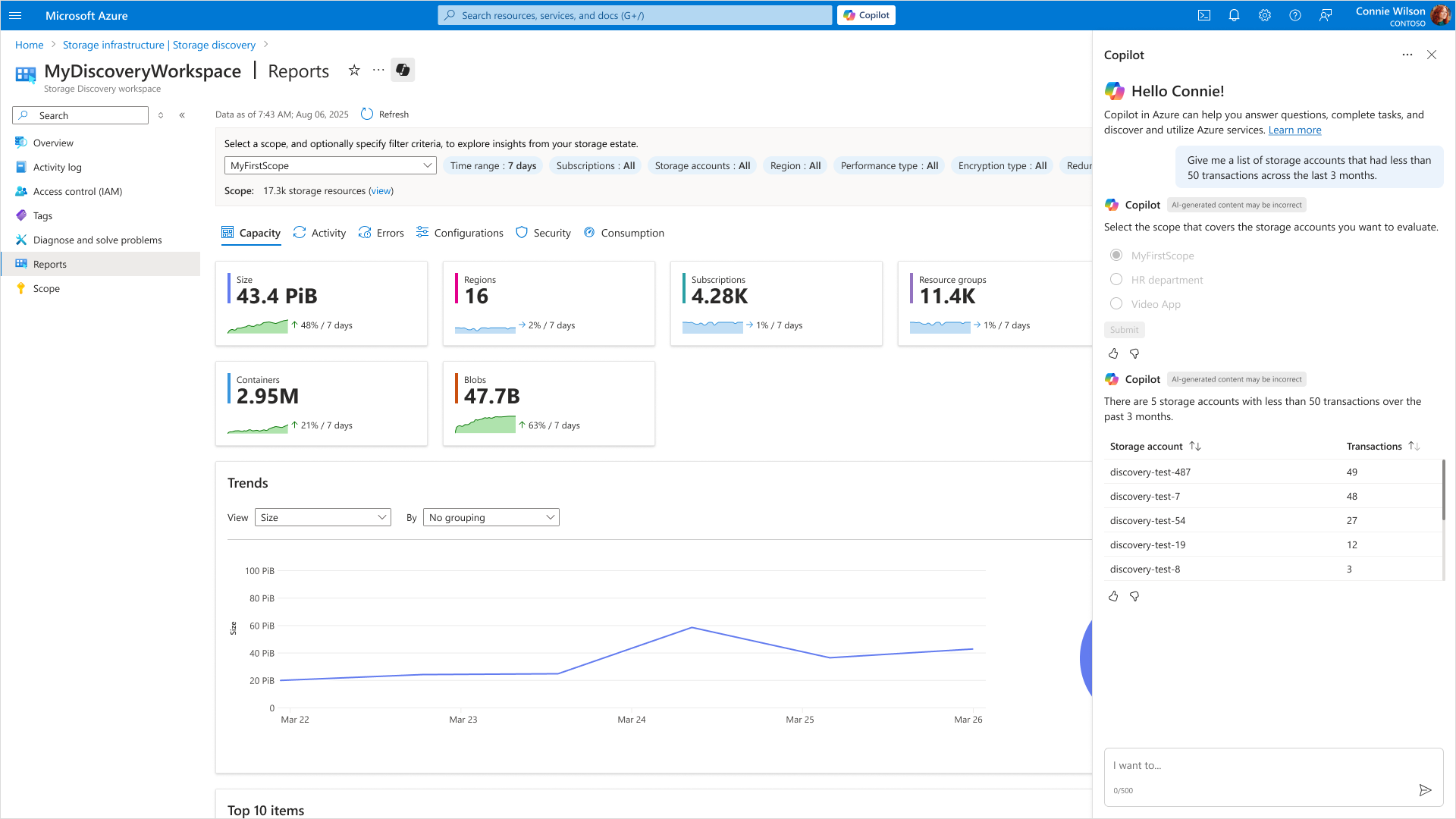 Portal do Azure mostrando um relatório de descoberta e uma janela de chat do Copilot.