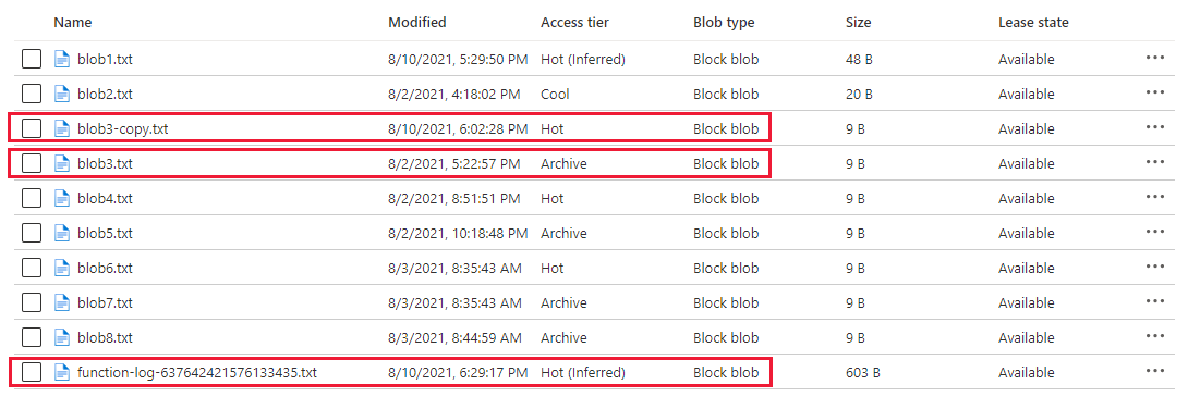 Screenshot showing the original blob in the archive tier, the rehydrated blob in the hot tier, and the log blob written by the event handler.