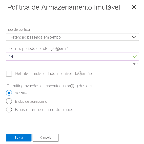 Captura de tela que mostra como configurar a política de imutabilidade com escopo definido para o contêiner.