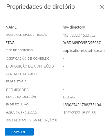 Captura de tela mostrando as propriedades de um blob excluído temporariamente no portal do Azure (contas com namespace hierárquico habilitado).