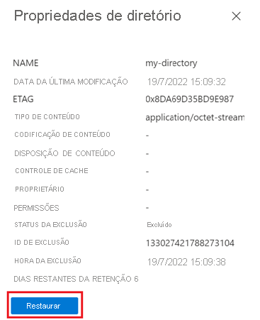 Captura de tela mostrando como restaurar blobs excluídos temporariamente no portal do Azure (contas com namespace hierárquico habilitado).