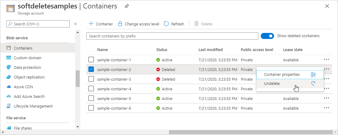 Captura de tela mostrando como restaurar um contêiner excluído de forma reversível no portal do Azure