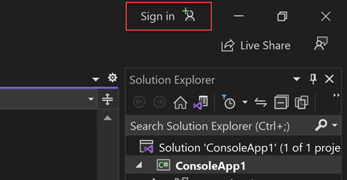 Captura de tela mostrando o botão para entrar no Azure usando o Visual Studio.