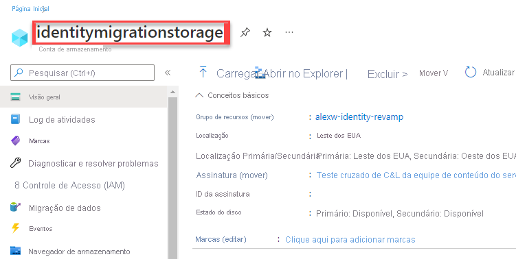 Screenshot showing how to find the storage account name.