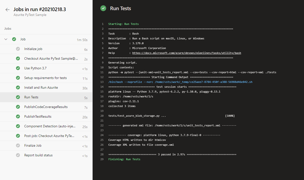 Captura de tela dos resultados do teste do Azure Pipelines.