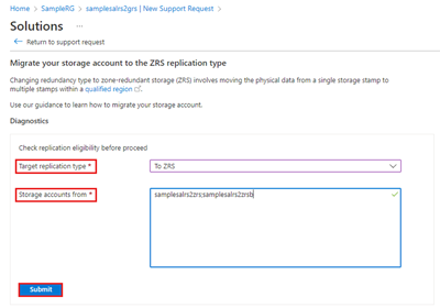 Screenshot showing how to check the eligibility of your storage account(s) for conversion - Solutions page.