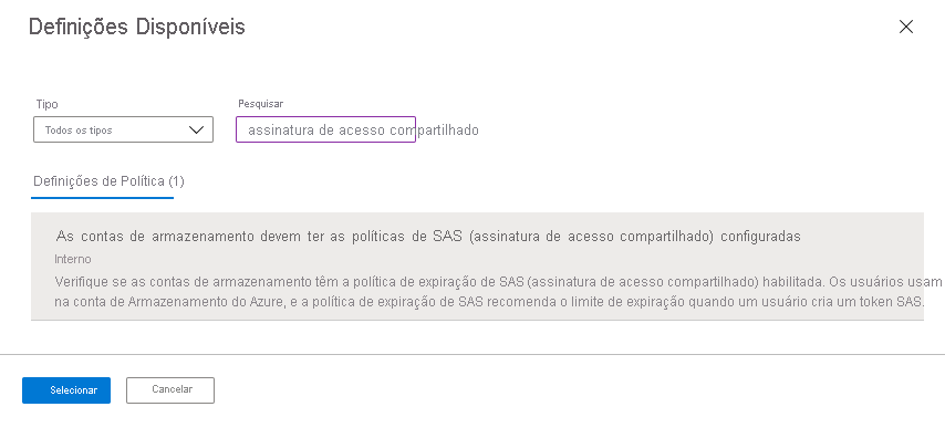 Screenshot showing how to select the built-in policy to monitor validity intervals for shared access signatures for your storage accounts