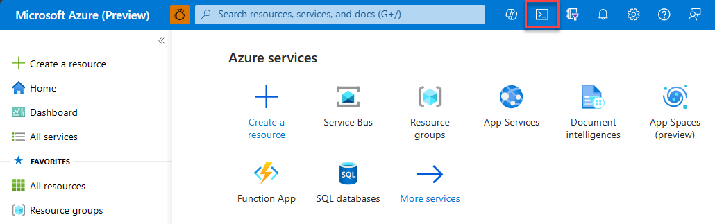Uma captura de tela mostrando como acessar a Azure Developer CLI do Cloud Shell.