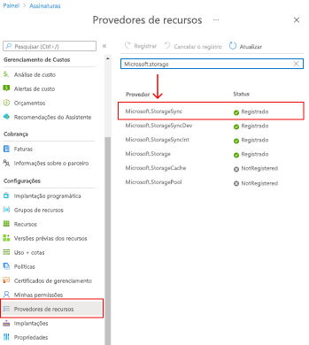 Uma imagem que mostra o portal do Azure, gerenciamento de assinatura, provedores de recursos registrados.