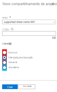 Uma captura de tela do portal do Azure mostrando a nova interface do usuário do compartilhamento de arquivos.