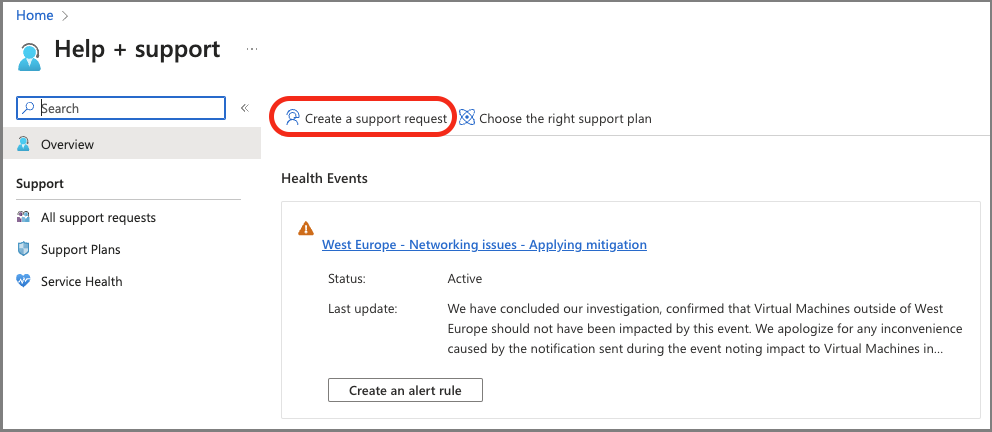 Screenshot of the Create a support request page in Azure portal.