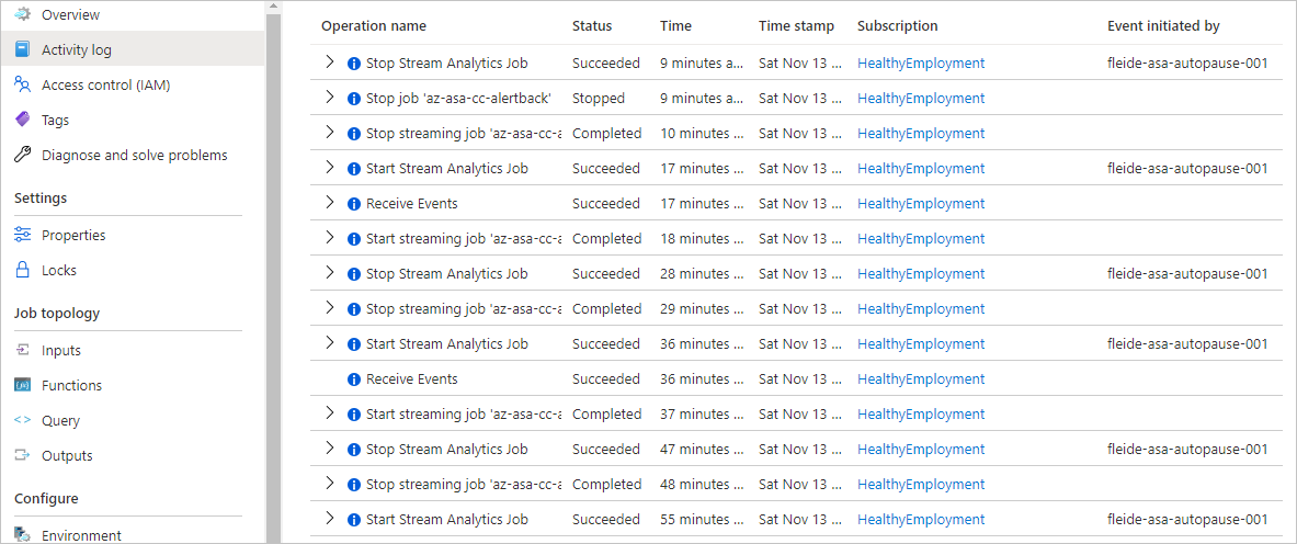 Captura de tela dos logs do trabalho do Stream Analytics.
