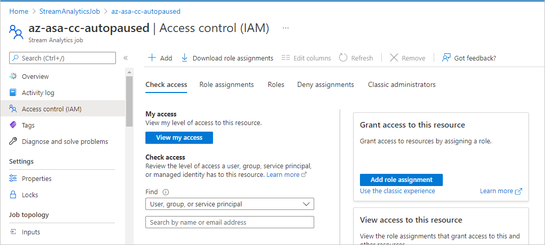 Captura de tela das configurações de controle de acesso para um trabalho do Stream Analytics.
