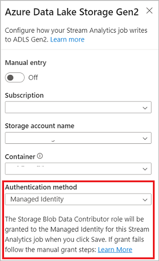 Captura de tela que mostra a escolha da identidade gerenciada como método de autenticação para o Azure Data Lake Storage Gen2