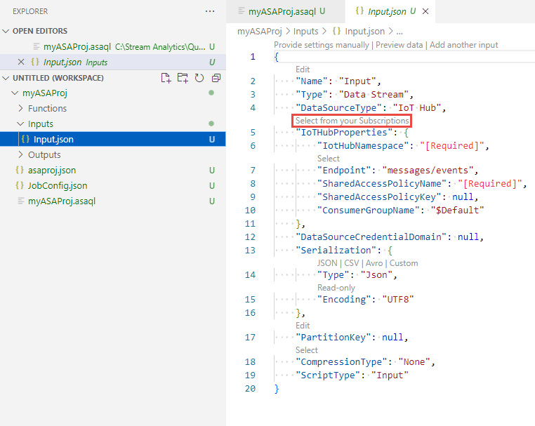 Captura de tela mostrando o editor JSON com o link Selecionar entre suas assinaturas.