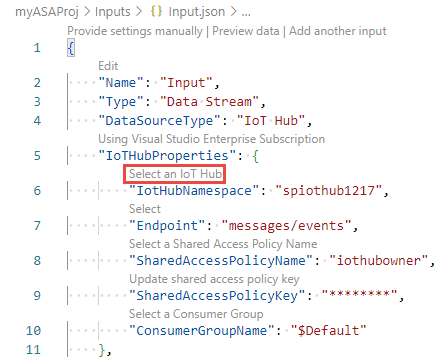 Captura de tela mostrando o editor JSON com o link Selecionar um Hub IoT.