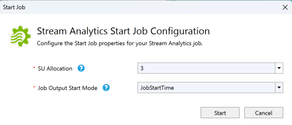 Captura de tela mostrando a caixa de diálogo de Configuração para Iniciar Trabalho do Stream Analytics.