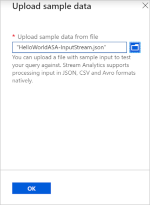 A captura de tela mostra a caixa de diálogo carregar dados de exemplo, em que é possível selecionar um arquivo.