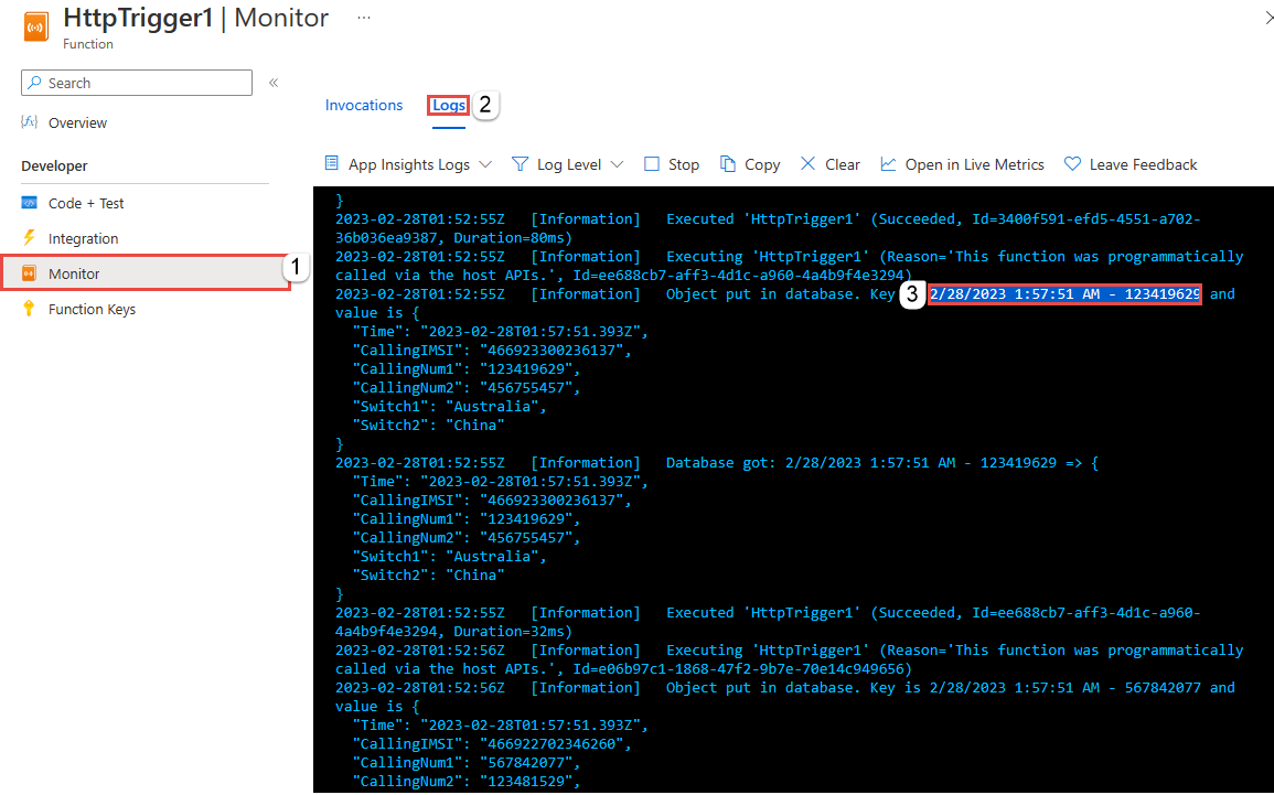Captura de tela mostrando a página de Logs do Monitor para a função do Azure. 