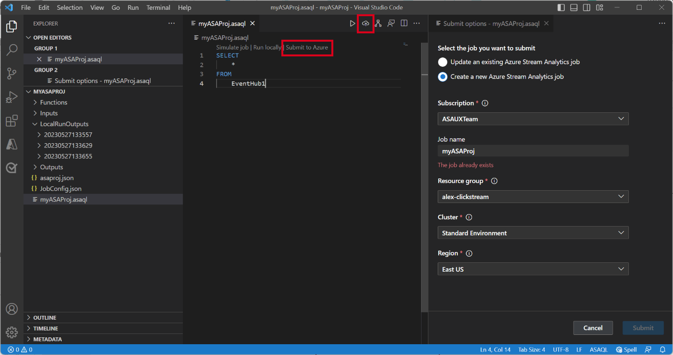 Captura de tela da extensão VSCode enviando o trabalho para o Azure.