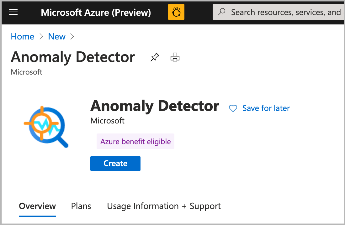 Captura de tela que mostra o Detector de Anomalias no portal, com o botão Criar.