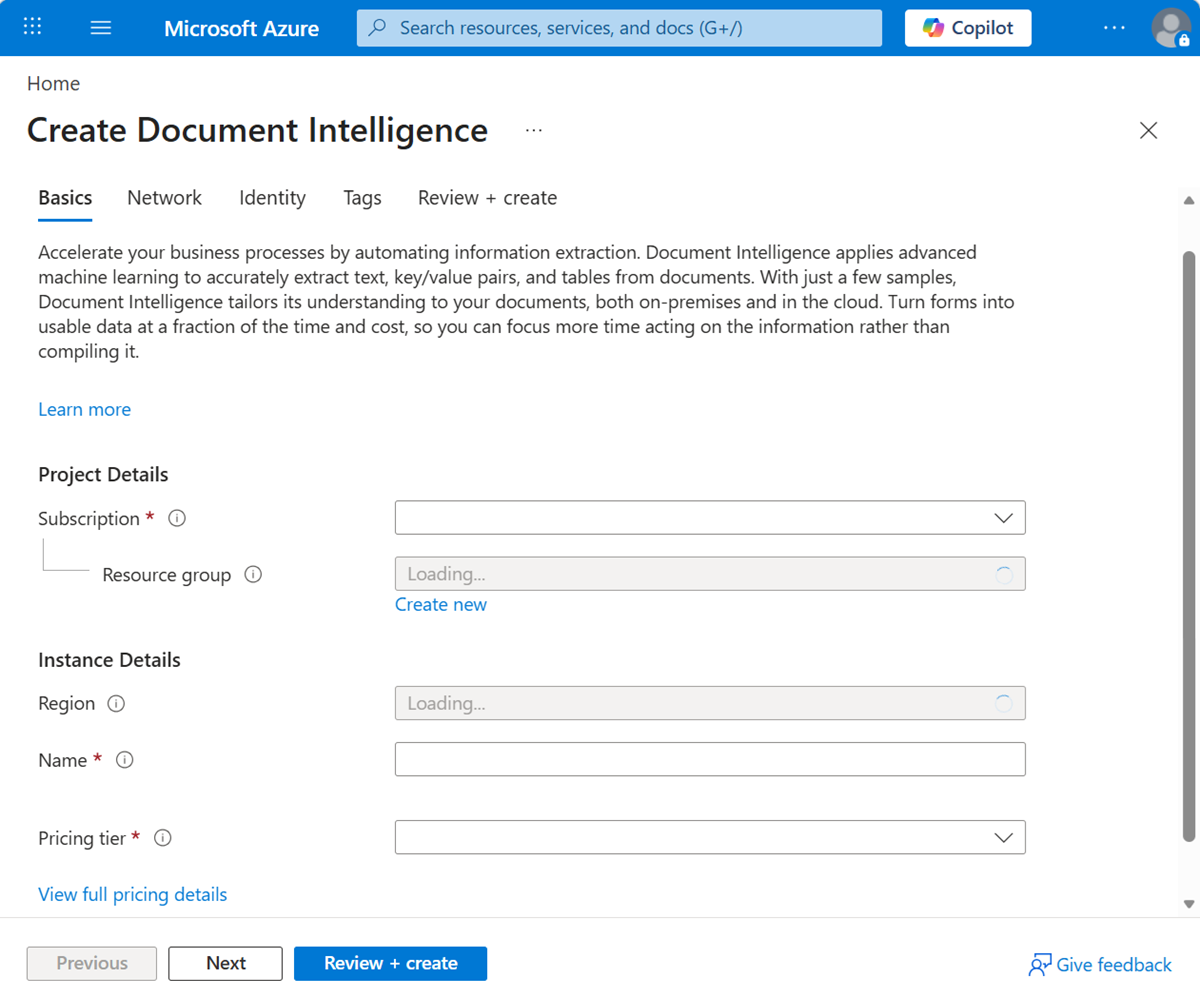 Captura de tela que mostra o Document Intelligence no portal, com o botão Criar.