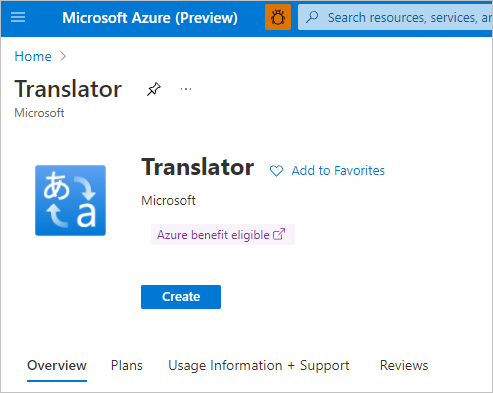 Captura de tela que mostra o aplicativo Translator no portal, com o botão Criar.