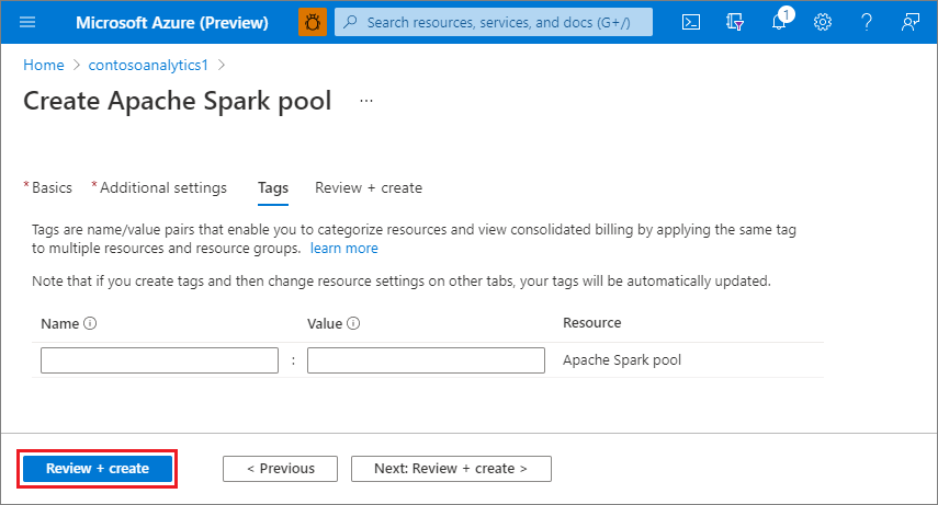 Apache Spark pool create flow - additional settings tab.