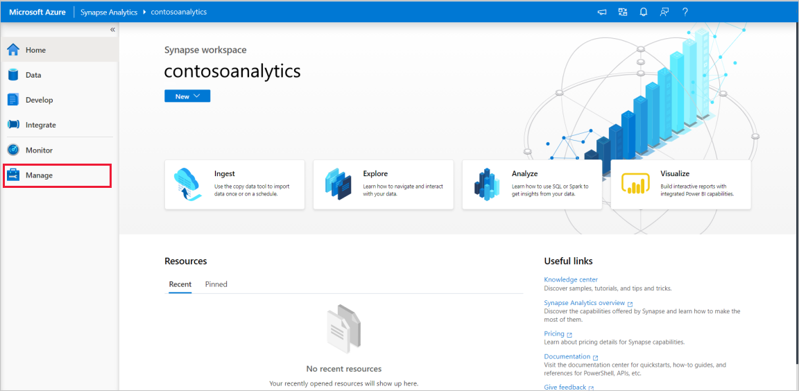 Uma captura de tela da home page do Azure Synapse Studio com a seção Hub de gerenciamento realçada.