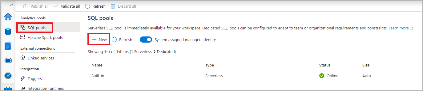 Uma captura de tela do Hub de gerenciamento do Synapse Studio listando os pools de SQL.