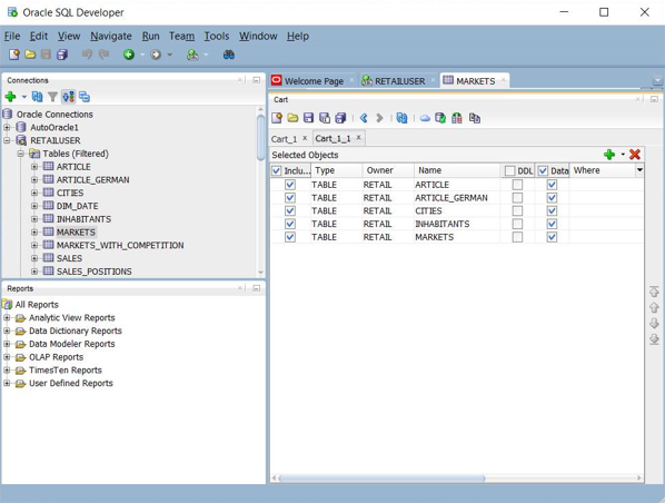 Captura de tela da interface do usuário da opção de carrinho do SQL Developer.
