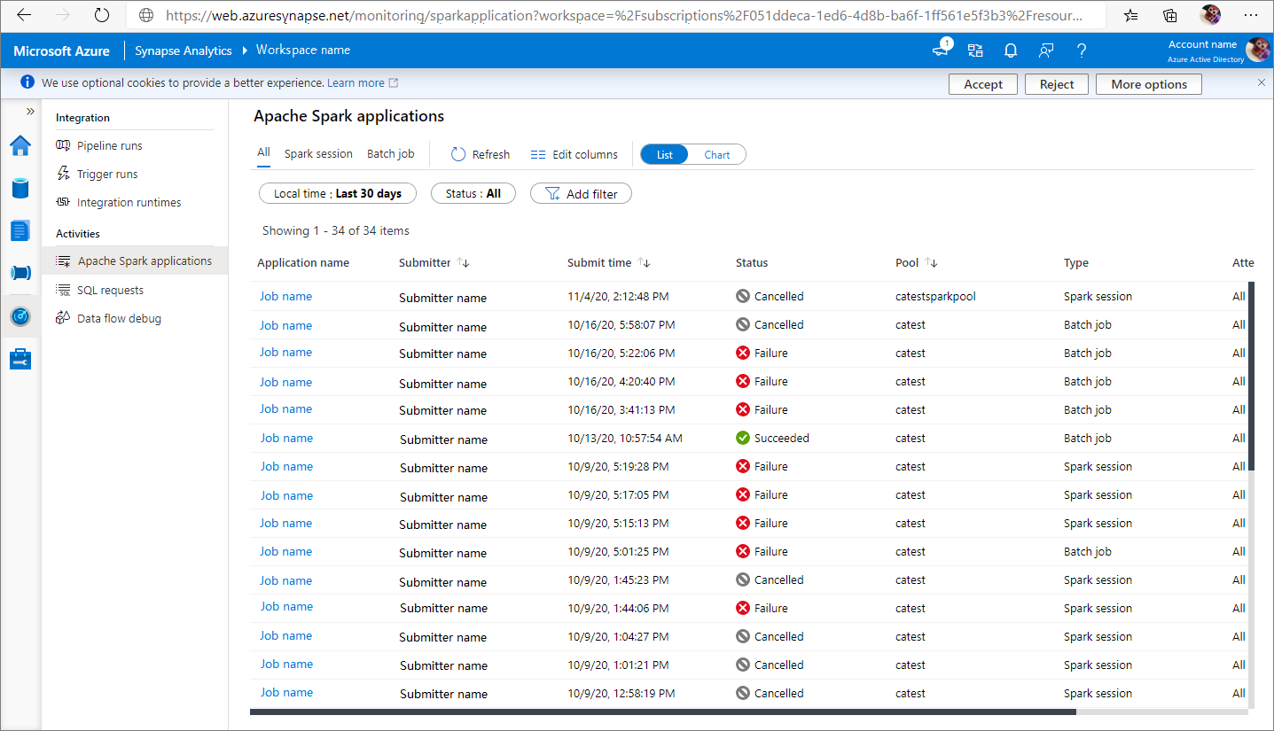 Captura de tela dos aplicativos Apache Spark.