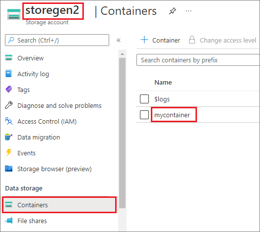 Captura de tela da conta de armazenamento do Azure Data Lake Storage Gen2.