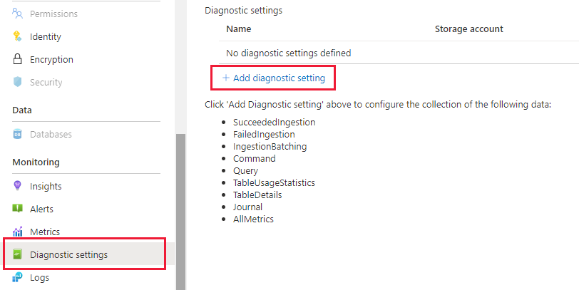 Captura de tela da folha Monitoramento do Azure Data Explorer | Configurações de Diagnóstico