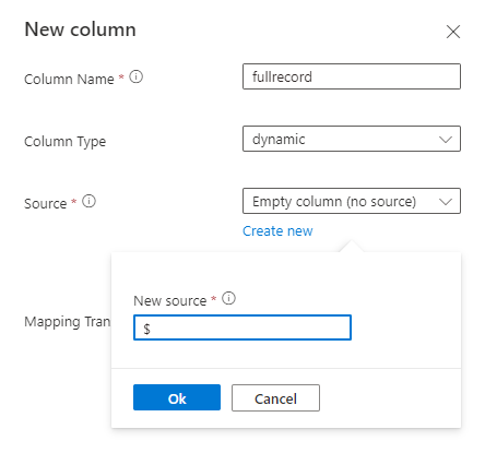 Captura de tela da ingestão do Azure Data Explorer para tipo dinâmico