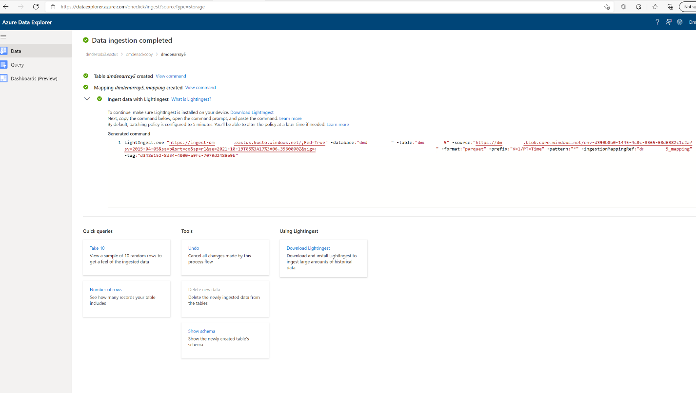 Captura de tela da ingestão do Azure Data Explorer para comando do Lightingest