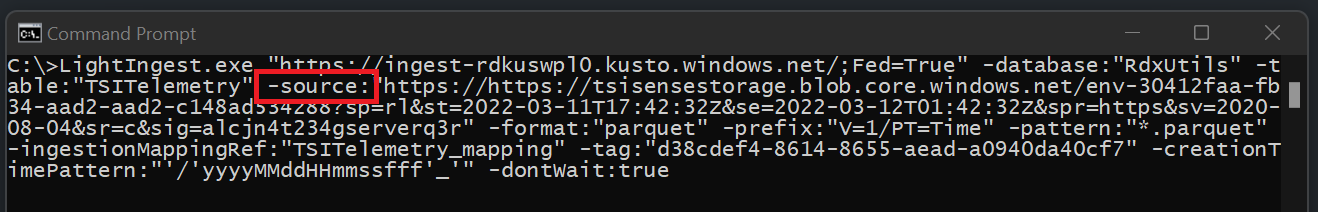 Captura de tela da ingestão do Azure Data Explorer para prompt de comando