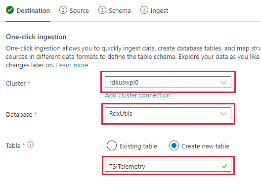Captura de tela da seleção de ingestão do Azure Data Explorer de cluster, banco de dados e tabela