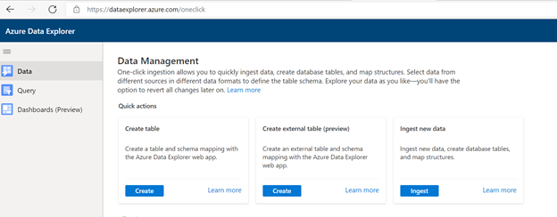 Captura de tela da página de aterrissagem do Azure Data Explorer