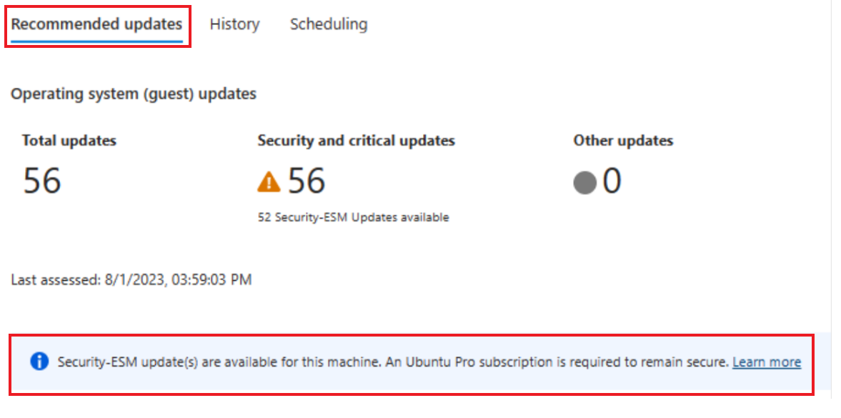 Captura de tela da recomendação para assinar o Ubuntu Pro no Gerenciador de Atualizações do Azure.