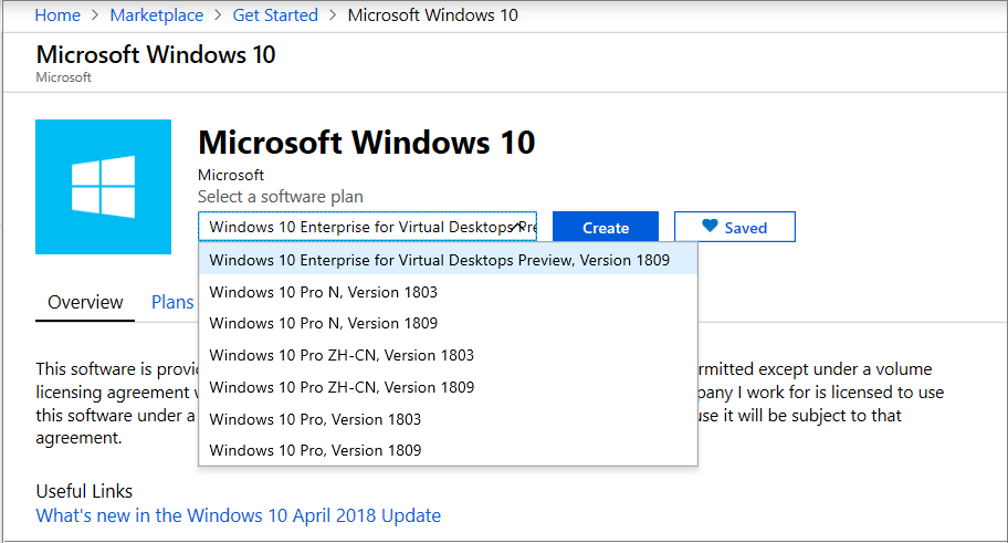 Uma captura de tela de seleção do Windows 10 Enterprise para Áreas de Trabalho Virtuais, versão 1809.