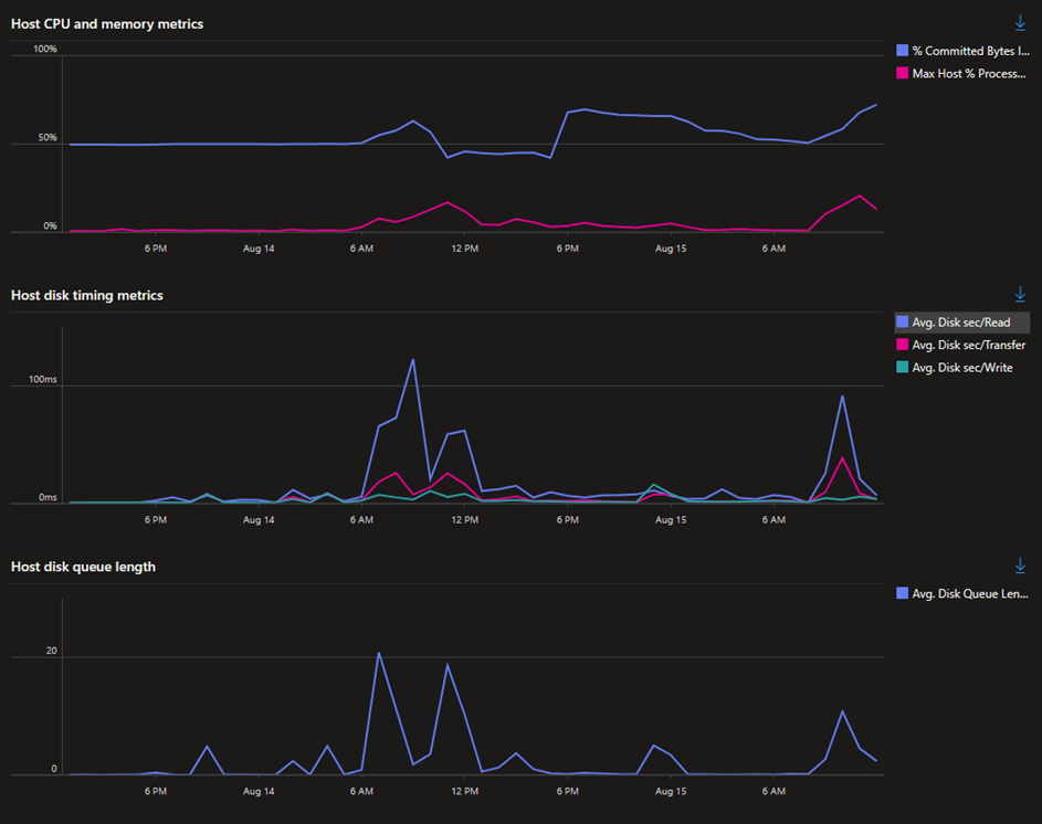Uma captura de tela dos gráficos que mostram as métricas do host da sessão.