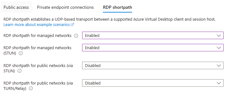 Captura de ecrã a mostrar o RDP Shortpath para redes públicas (STUN e TURN) desativado enquanto o RDP Shortpath para redes geridas está ativado.