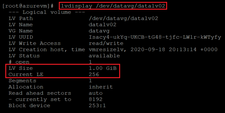 Captura de tela mostrando o código que verifica o tamanho do volume lógico. O comando e o resultado estão realçados.