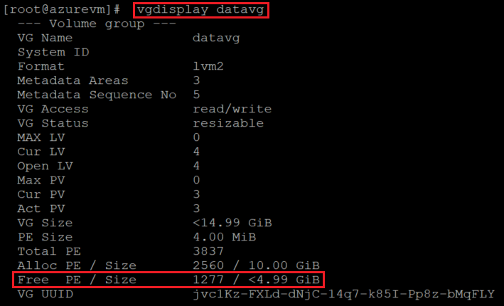 Captura de tela mostrando o código de exibição do VG que verifica o espaço no VG. O comando e o resultado estão realçados.