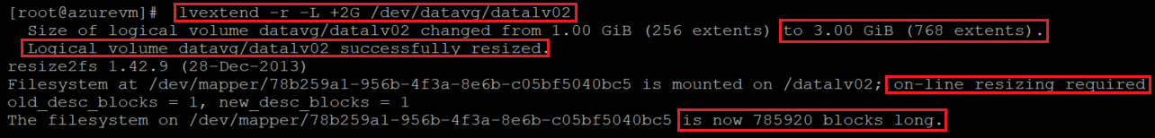 Captura de tela mostrando o código que aumenta o tamanho do volume lógico. O comando e o resultado estão realçados.