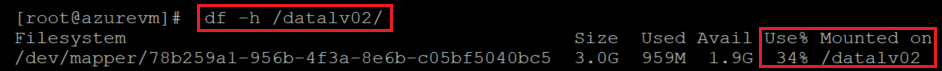 Captura de tela mostrando o código que verifica o tamanho do LV e do sistema de arquivos. O comando e o resultado estão realçados.