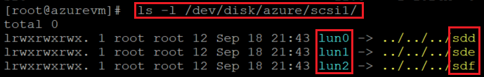 Captura de tela mostrando o código que verifica a lista de discos atual. O comando e o resultado estão realçados.