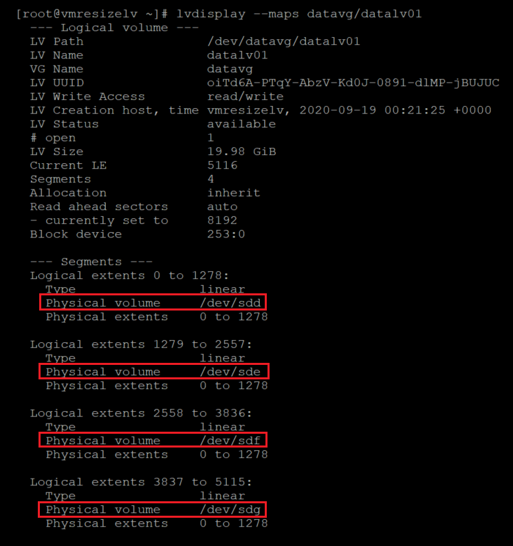 Captura de tela mostrando uma maneira alternativa de identificar associações de volumes físicos com volumes locais. Os resultados estão realçados.