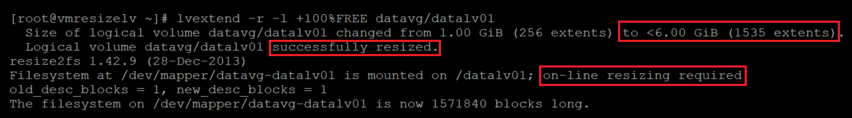 Captura de tela mostrando o código que aumenta o tamanho do volume local e do sistema de arquivos. Os resultados estão realçados.